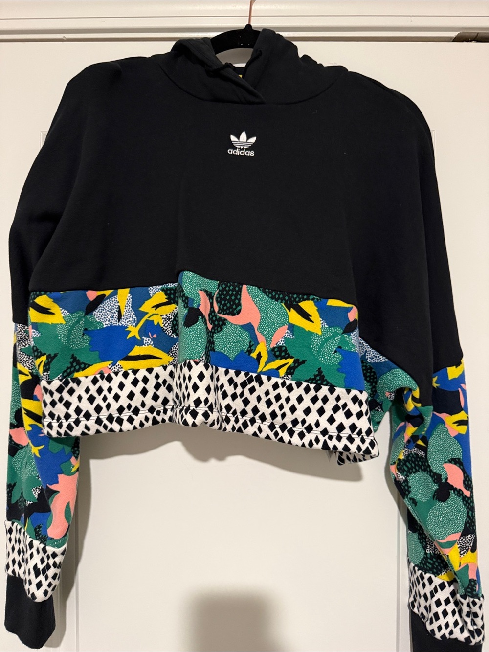 adidas Black Cropped Hoodie with Multicolor Abstract Panels